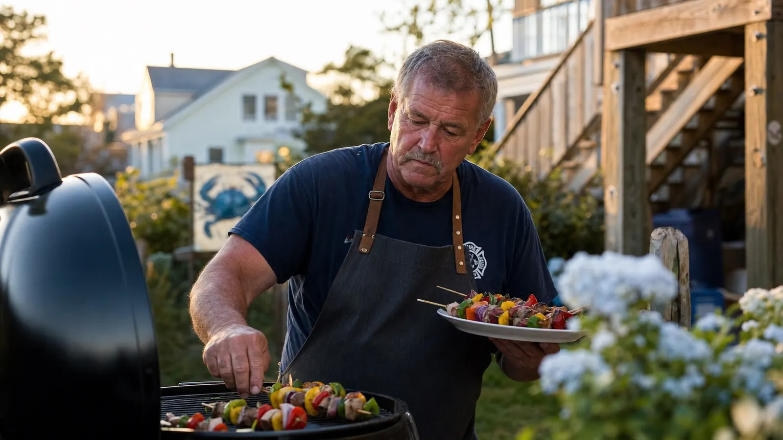 Flat stainless steel skewers loaded with chicken, peppers, and onions on a backyard grill