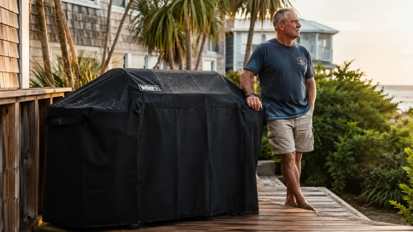 A fitted black grill cover snapped tight over a gas grill on a coastal patio at dusk