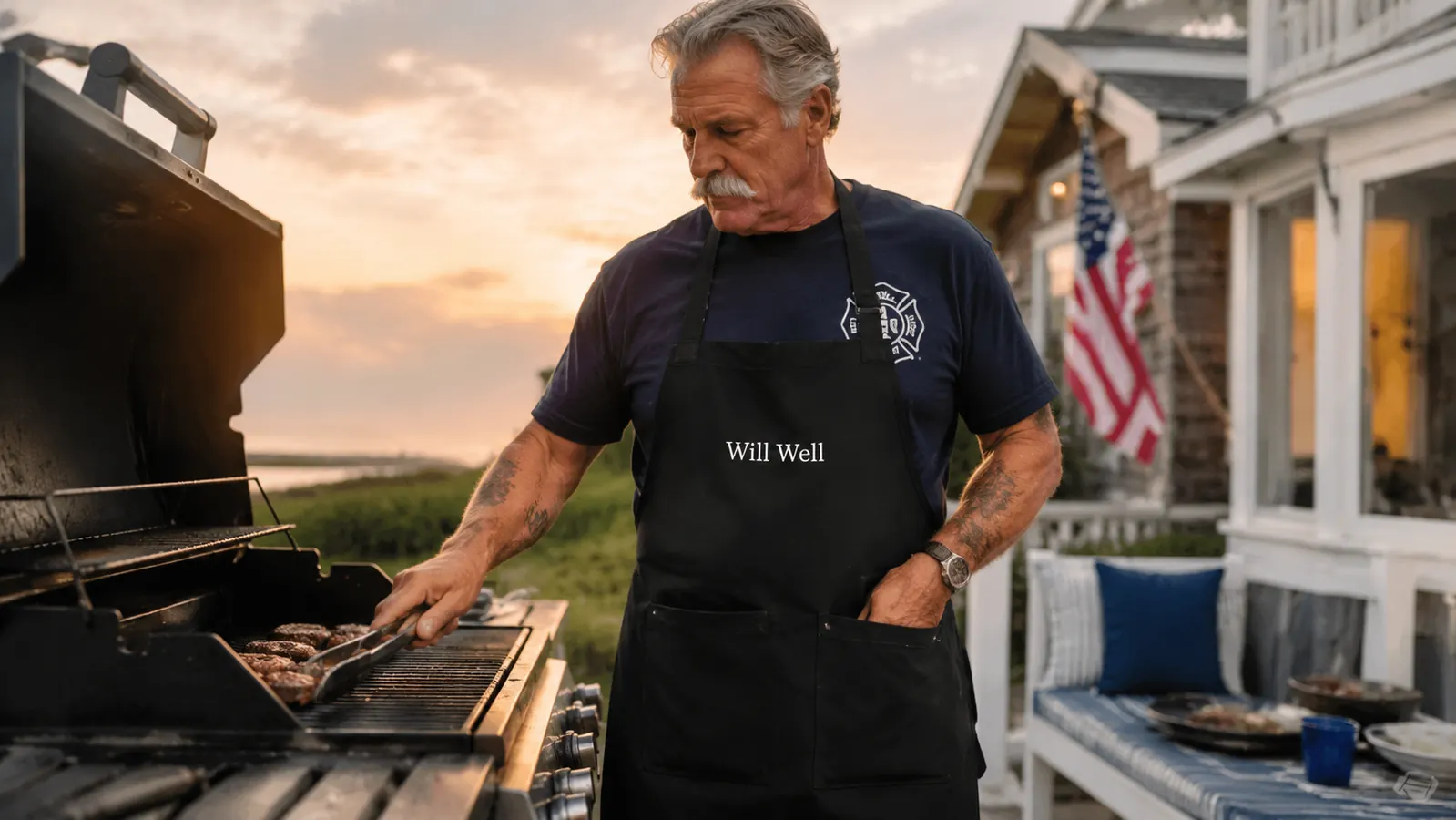 A man in a black Will Well apron reaching into the front pocket for a thermometer while grilling at sunset