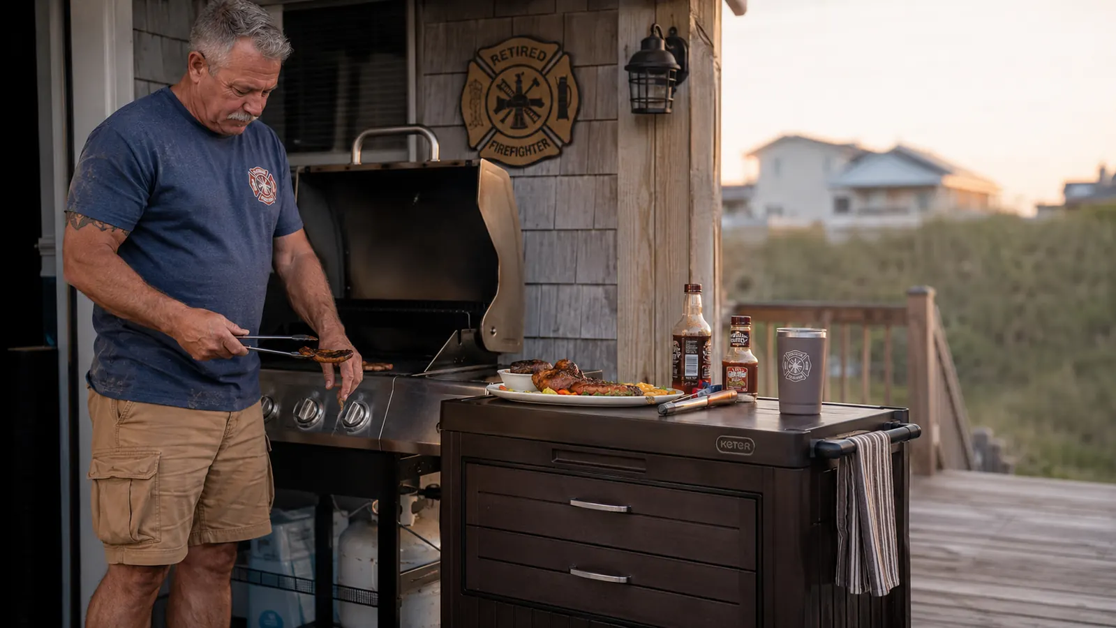 A dark brown resin rolling prep cart set up beside a gas grill on a coastal patio, loaded with tongs, a platter, and a bowl of marinade
