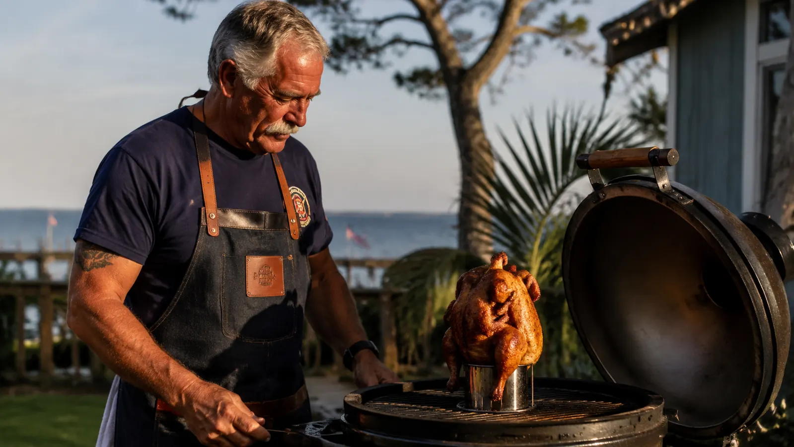 Whole chicken roasting upright on a stainless steel holder over a backyard grill