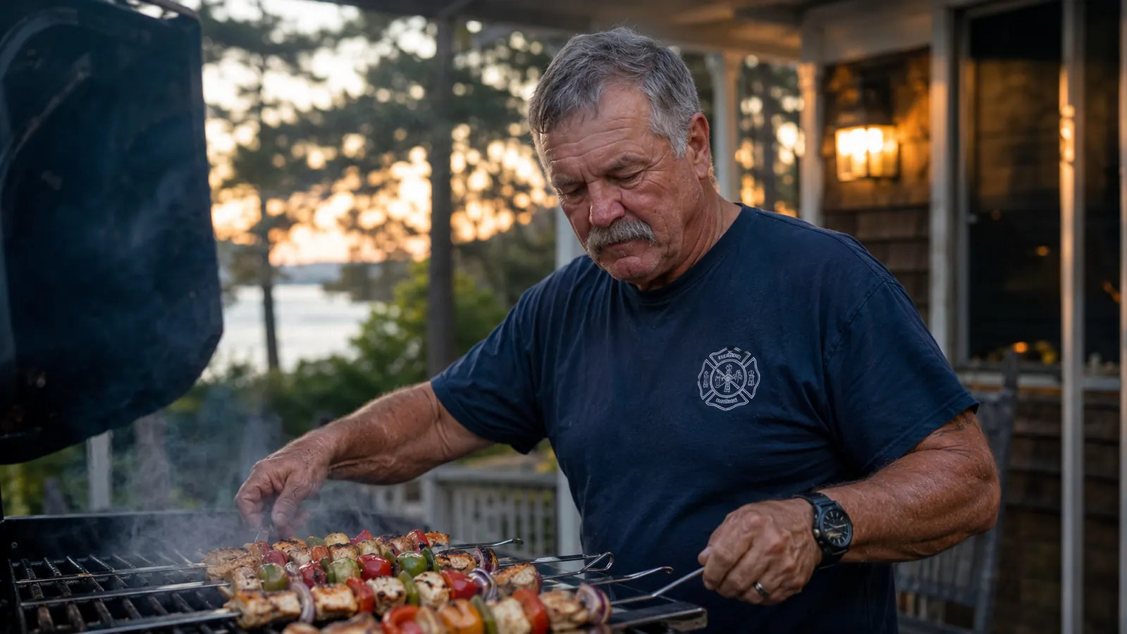 Loaded kabob skewers resting across a hot grill grate at dusk on a coastal North Carolina patio