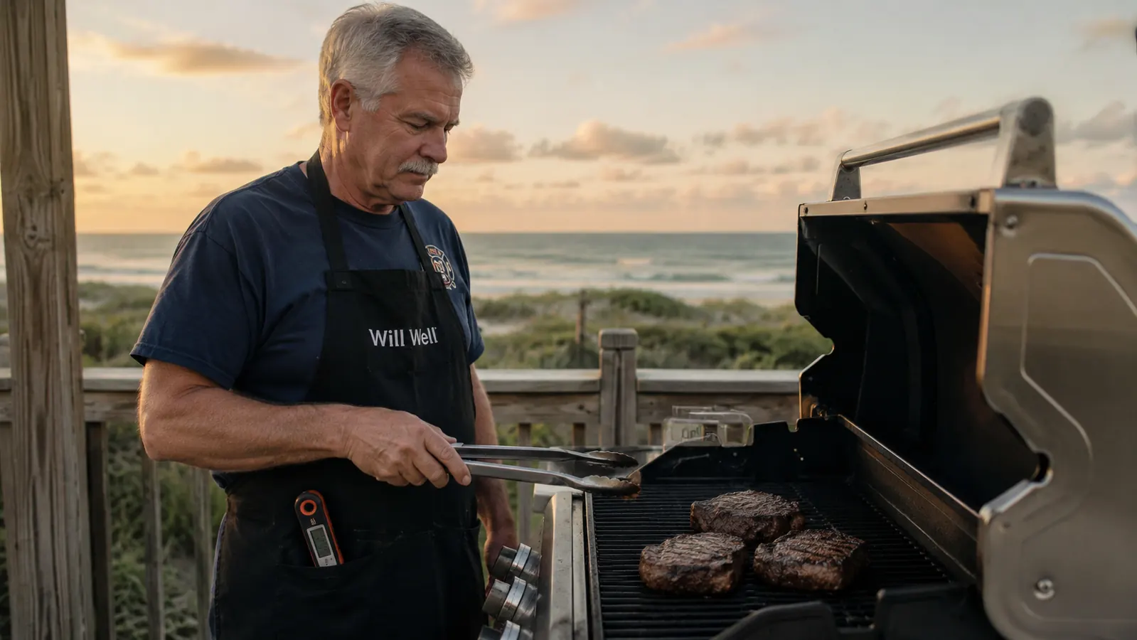A man in a black pocketed grilling apron standing at a smoking grill on a coastal patio, tongs in one hand and a thermometer handle visible in the apron pocket