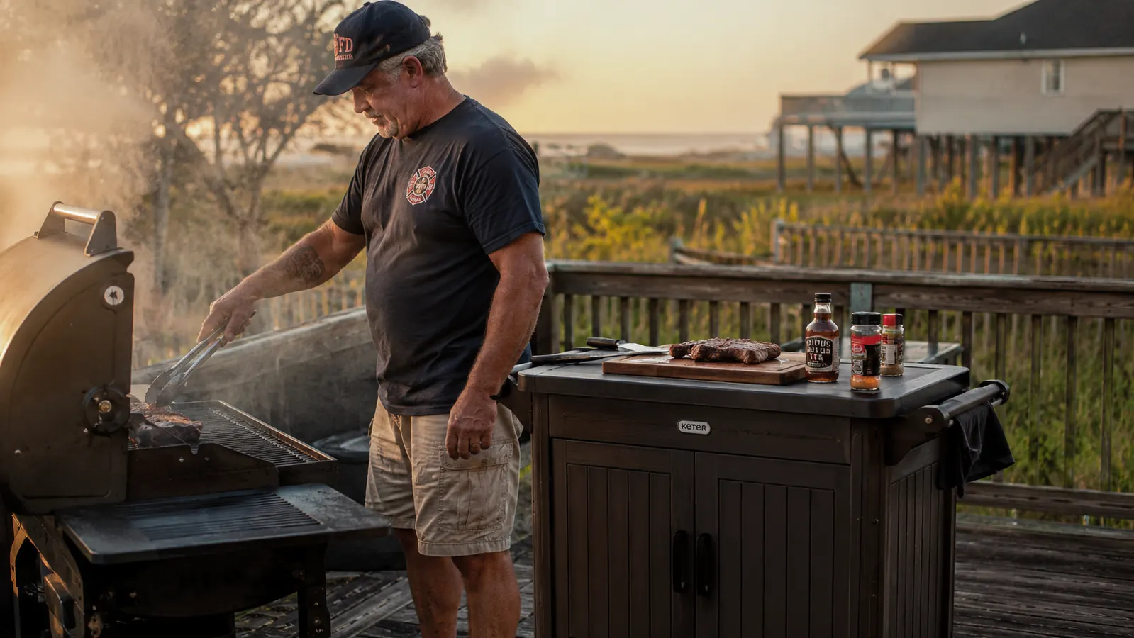 A dark brown resin rolling prep cart positioned beside a lit grill on a coastal patio, tools and platters arranged neatly across its top surface