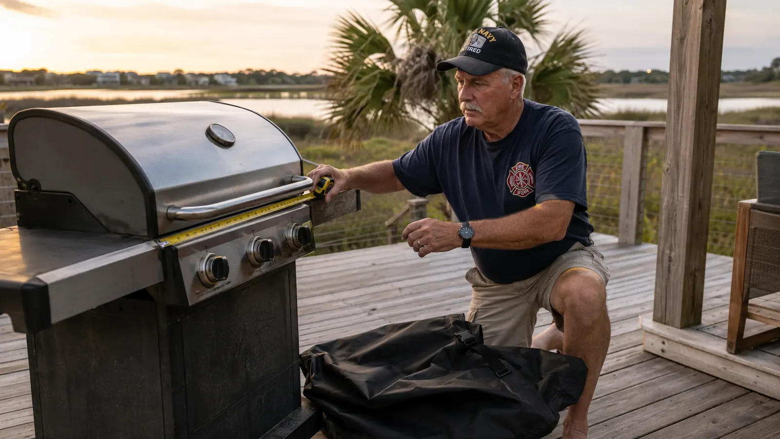 A man measuring a gas grill with a tape measure before fitting a black waterproof grill cover on a coastal patio