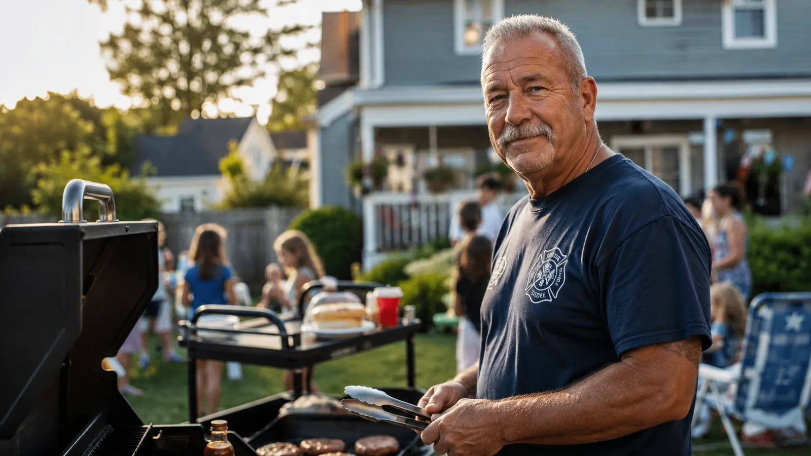Retired firefighter standing at a backyard grill next to a dark brown rolling prep cart loaded with tongs and seasoning, birthday party in the background