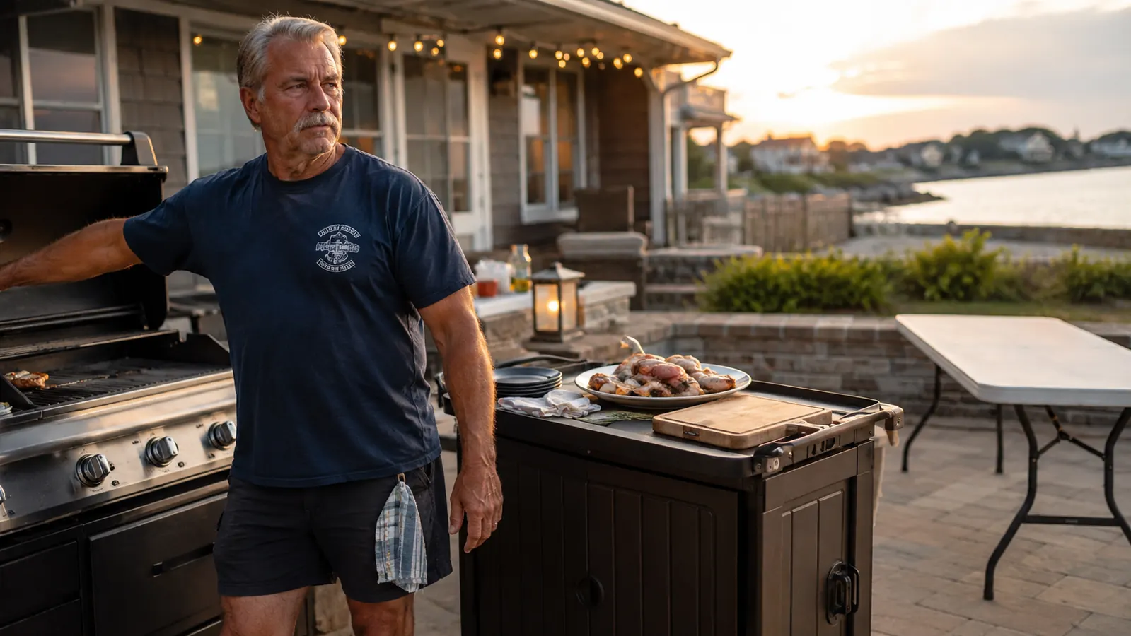 Dark brown Keter rolling prep cart set up beside a gas grill on a coastal North Carolina patio at dusk, platters and tongs on top, a bare folding table pushed off to the side