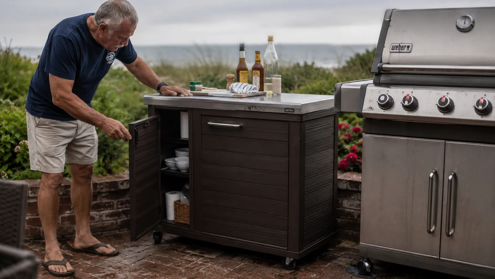 A dark resin rolling prep cart sitting on a brick patio next to a grill, cabinet door open, tools and a cutting board visible on top