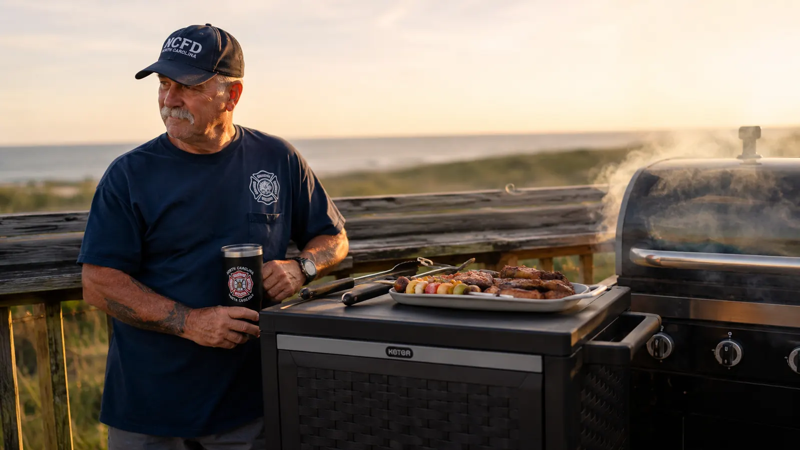 A dark brown resin rolling prep cart parked beside a lit grill on a coastal patio at dusk, loaded with tongs, a platter, and seasoning bottles