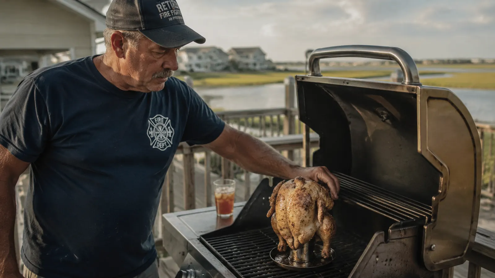 A whole chicken standing upright on a stainless steel holder in the center of a gas grill grate at golden hour