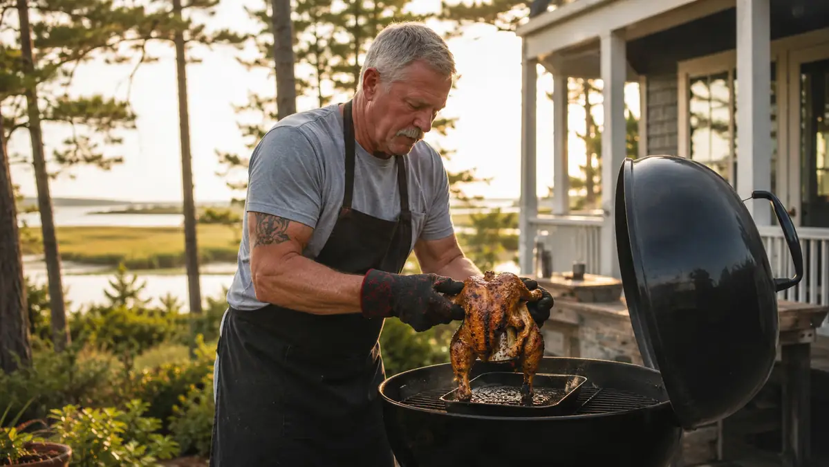 Retired firefighter lifting a whole roasted chicken off a backyard grill using a stainless steel vertical stand with handle