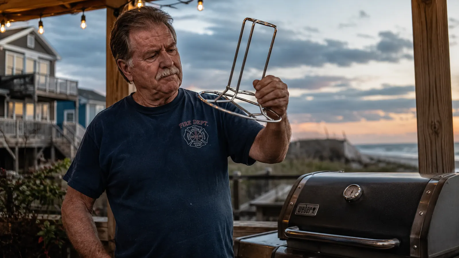 A retired firefighter standing at his grill holding a stainless steel chicken stand up to the light, inspecting it before a cookout