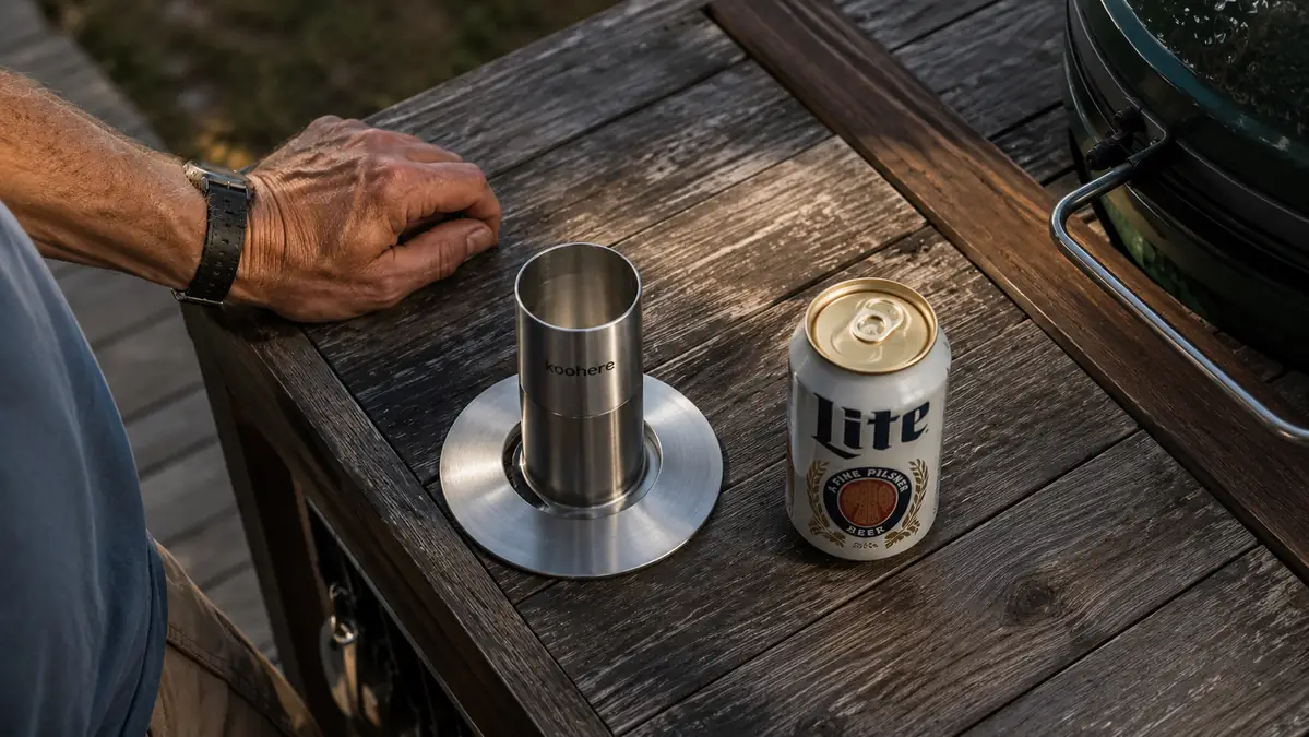 Stainless steel Koohere chicken holder next to a beer can on a grill cart, whole raw chicken beside them