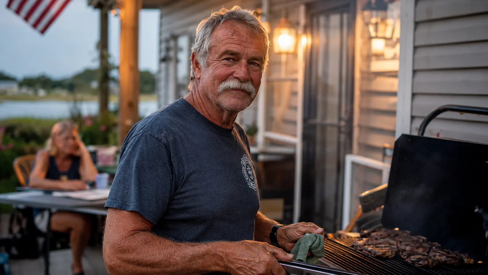 Retired firefighter in an apron standing at a backyard grill at dusk, tongs in hand, smoke rising