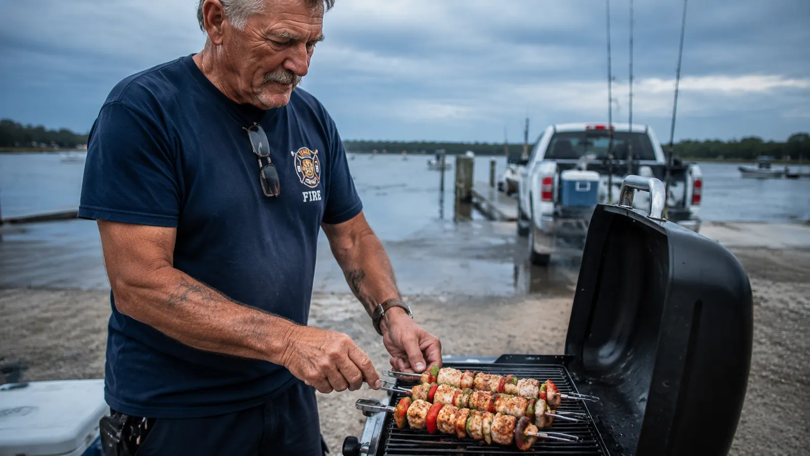 A retired firefighter tending grouper and vegetable skewers on a portable grill at a cloudy coastal boat ramp