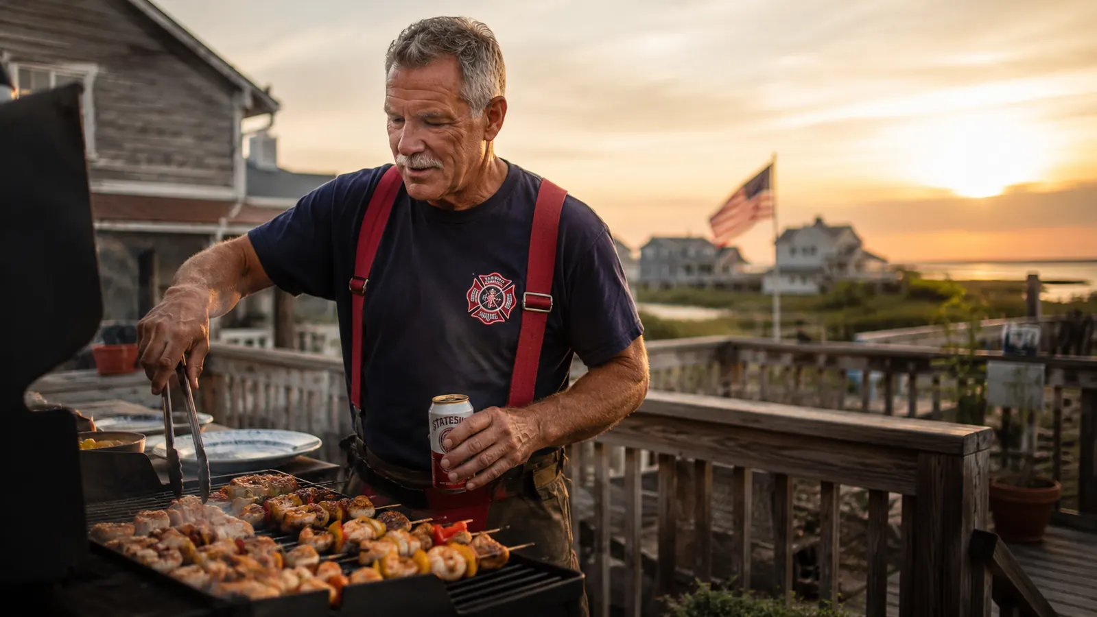 A dozen flat stainless steel skewers loaded with shrimp, peppers, onion, and steak resting across a lit charcoal grill grate at dusk on a coastal patio