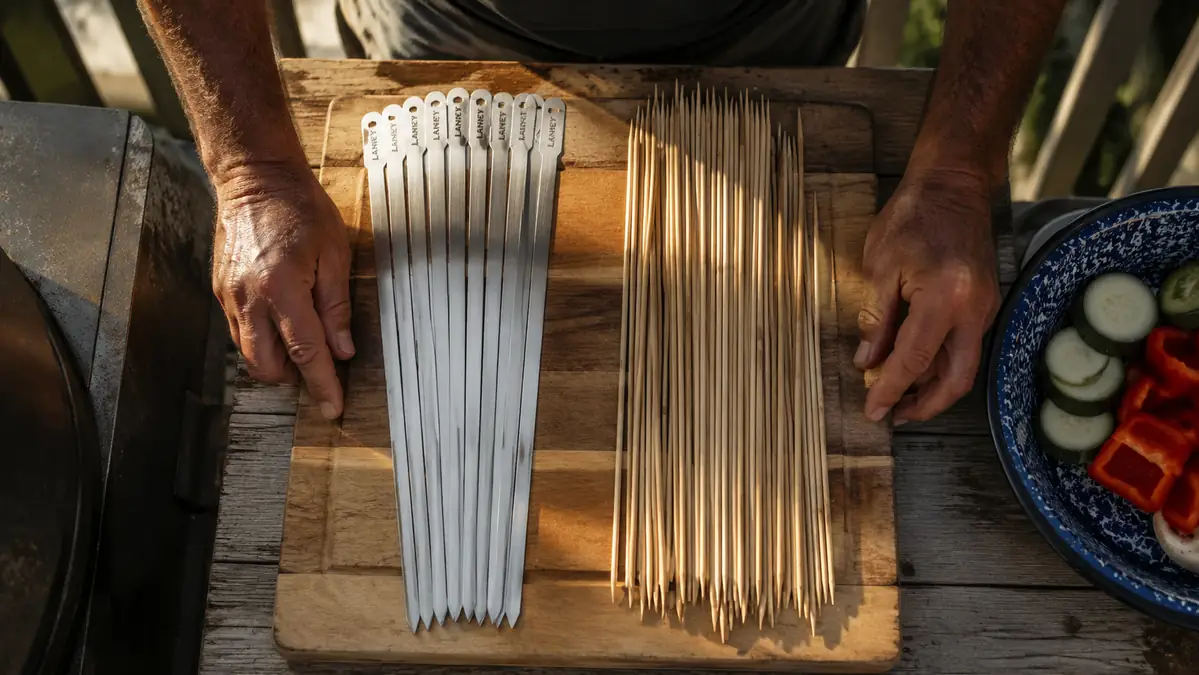 Stainless steel LANNEY flat skewers and wooden bamboo skewers laid side by side on a grill cart
