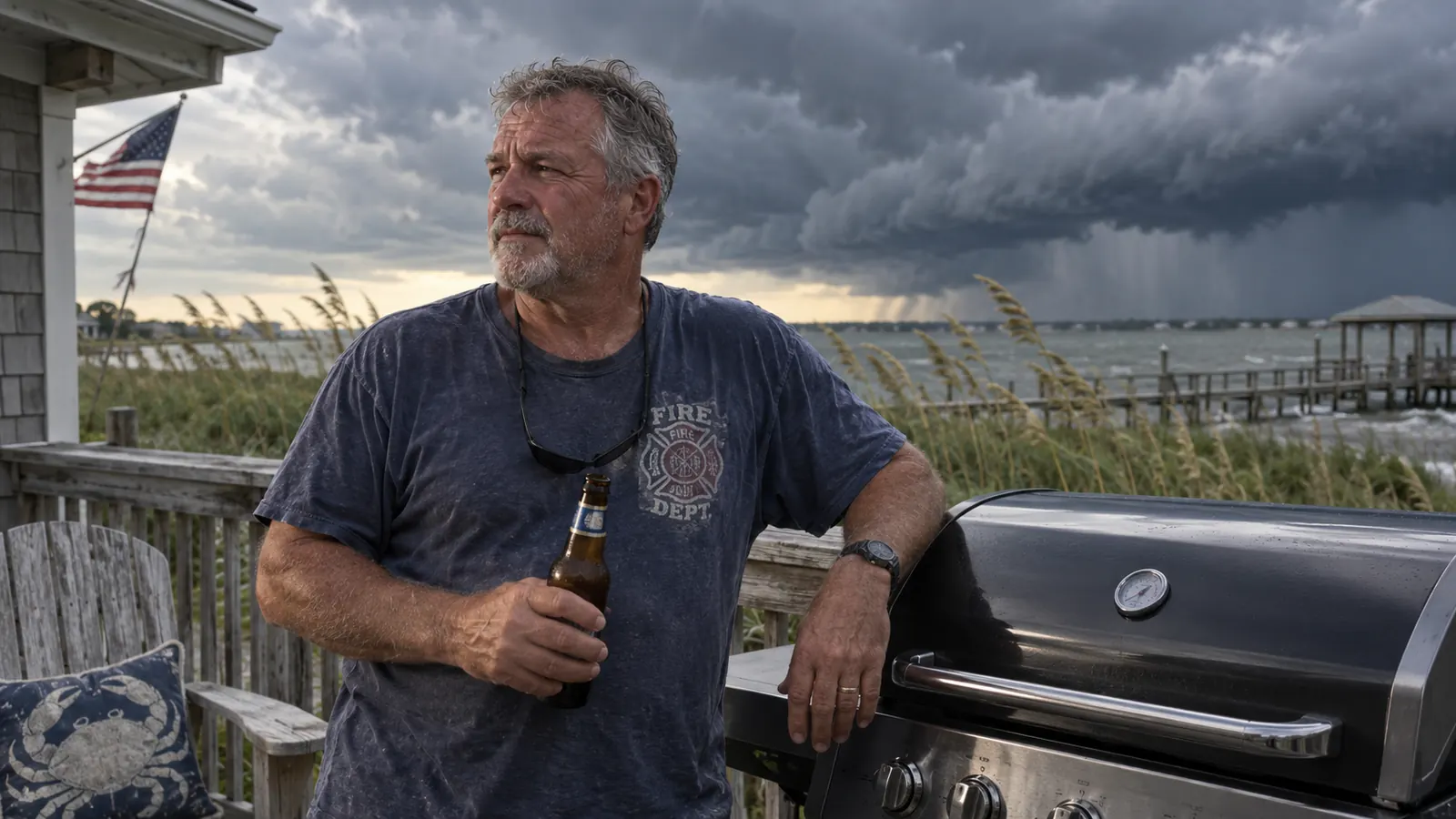A retired firefighter standing beside a well-kept gas grill on a coastal patio with dark storm clouds building over the water behind him