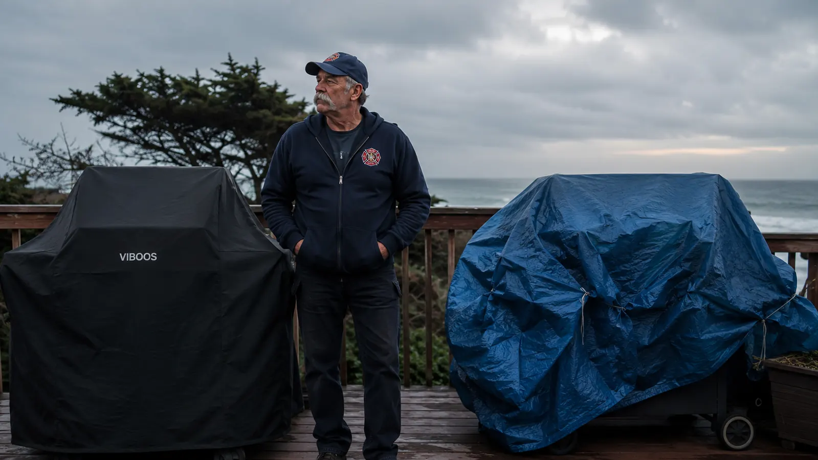 Black VIBOOS grill cover fitted snugly over a gas grill on a coastal North Carolina patio, blue plastic tarp draped over a second grill beside it