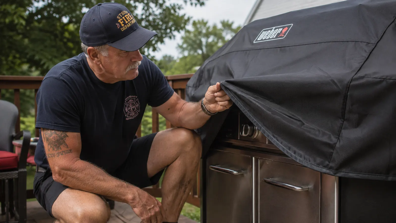 A black VIBOOS grill cover pulled halfway off a gas grill, showing deep fold creases still pressed into the fabric