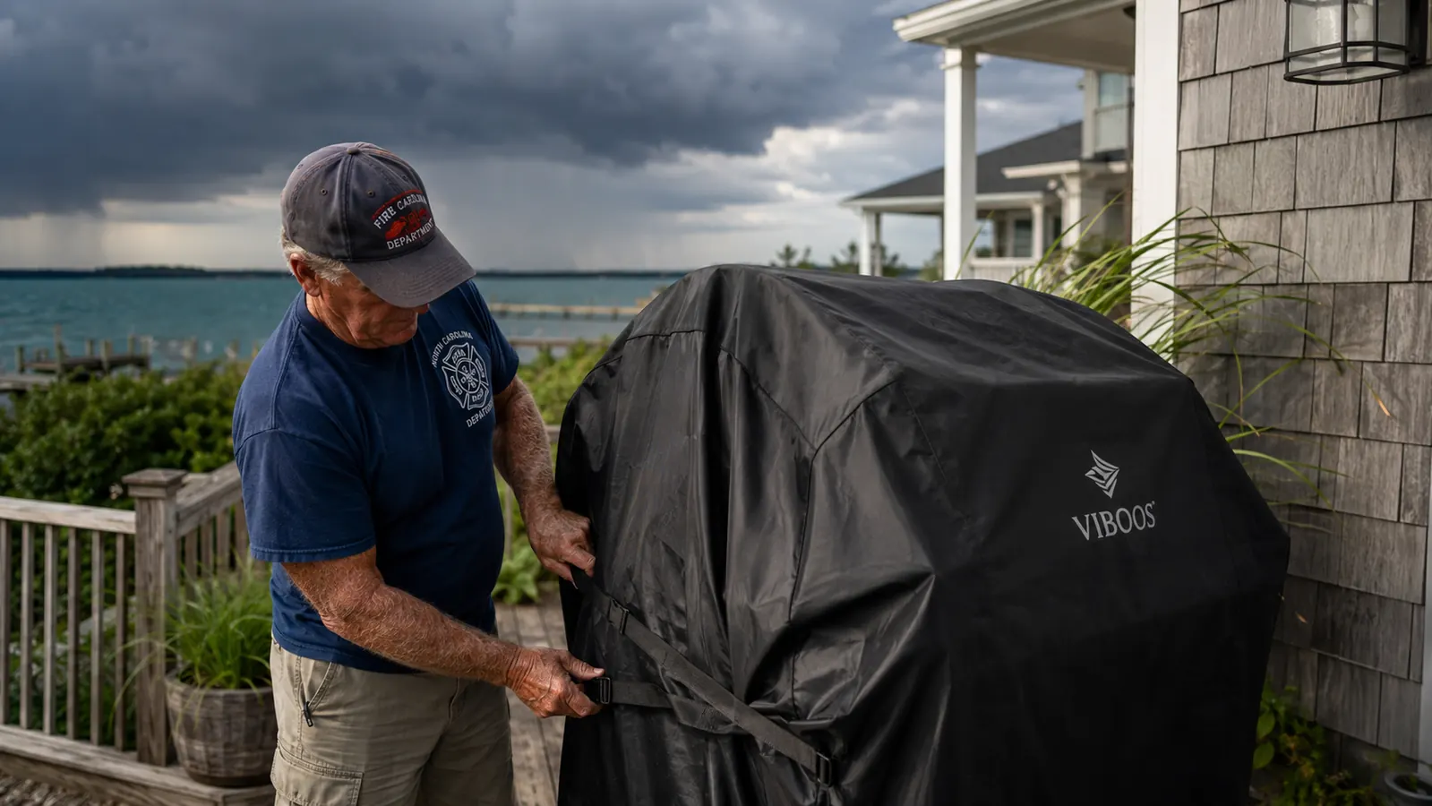A black grill cover fitted snugly over a gas grill on a coastal patio with storm clouds gathering in the distance