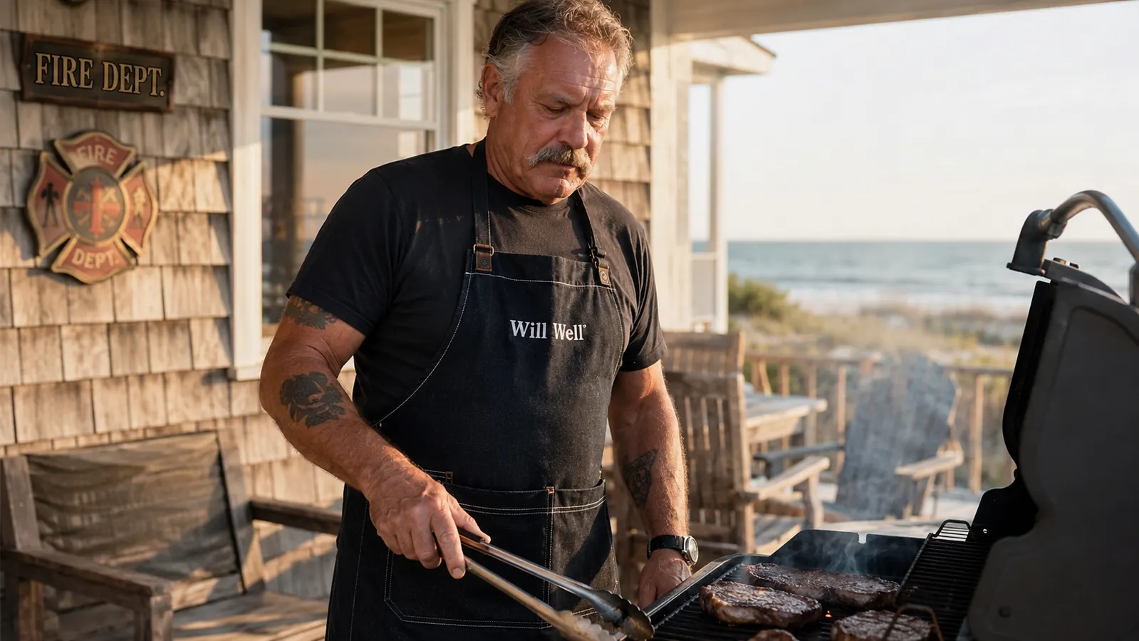 A man in a black Will Well apron standing at a smoking grill on a coastal patio at golden hour