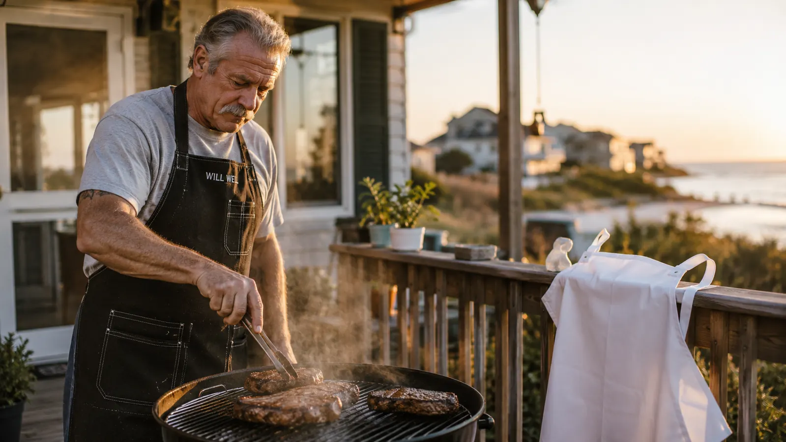 A man in a black Will Well apron with front pockets standing beside a plain white bib apron draped over a porch rail, grill smoking in the background